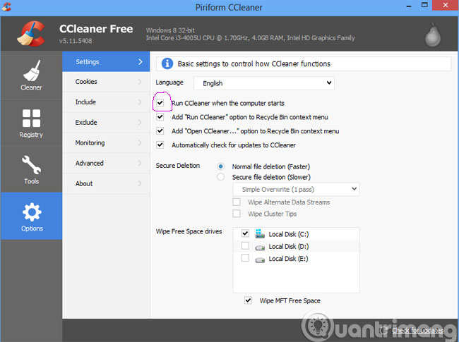 Description: Tick vào ô Run CCleaner when the computer starts