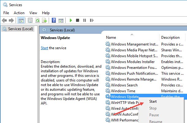 kích chuột phải vào Windows Update rồi chọn Start