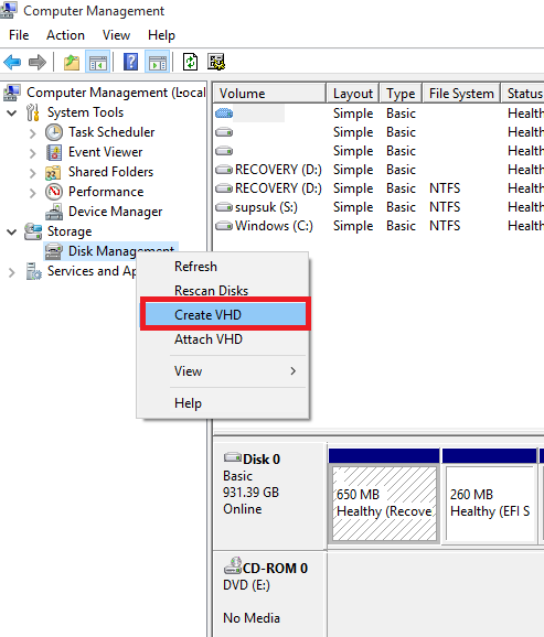 kích chuột phải vào Disk Management và chọn Create VHD